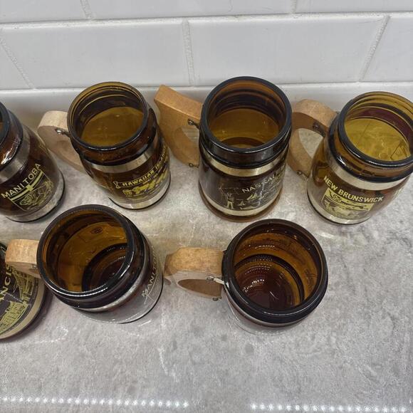 Lot of 9 Vintage Siesta Ware Souvenier Brown Barrel Glass Mugs w Wood Handles - Picture 7 of 13